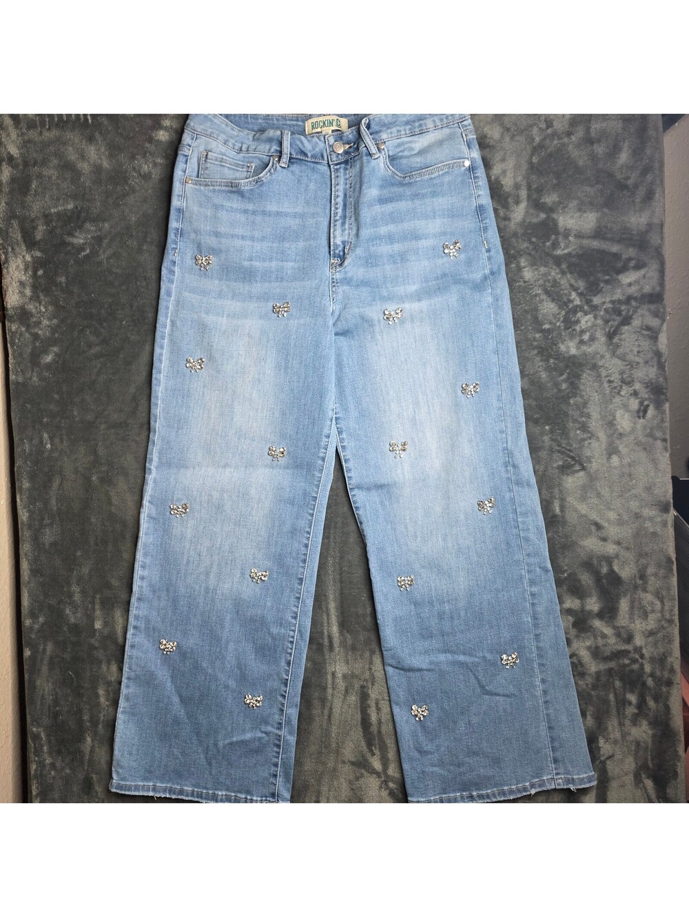 Rockin' C Women's Medium Wash Crystal Bow High Rise Wide Leg Jeans Sz 32